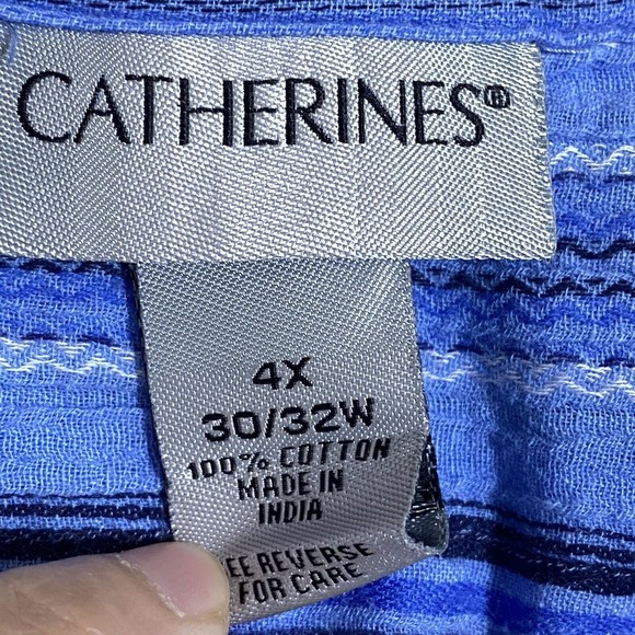Catherines Womens Blouse Top Size 4x Cotton Blue Roll Tab Sleeve Beads Stripe - Picture 7 of 8